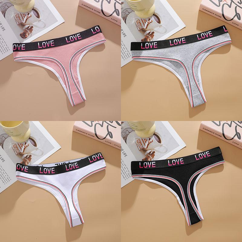 FINETOO 4PCS Women Cotton Thongs Sexy Low Waist T-Back Thongs Ribbed Comfortable Female Underwear Ladies Sexy G-String Lingerie