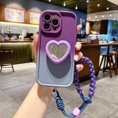 Fashion Girl Love Touch Up Mirror Wrist Strap Phone Case For iPhone15 Pro 14 13 12 11 Pro Max Crossbody Lanyard Soft Cover