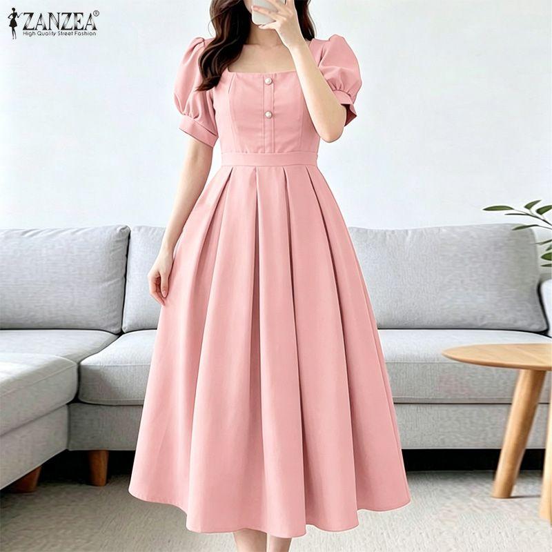 ZANZEA Women Elegant Casual Square Collar Short Sleeve Dress M розовый