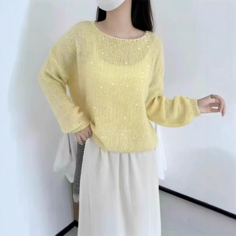 Spring and Summer New Loose Sequins Soft Waxy Knitted Sweater Top Thin Gentle Wind Sweet High Sense Pullover Woman