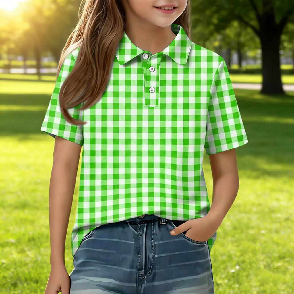 Short Sleeve Plaid Polo Shirt for Girls Classic Pattern Button Front Casual Blouse for Kids Teens