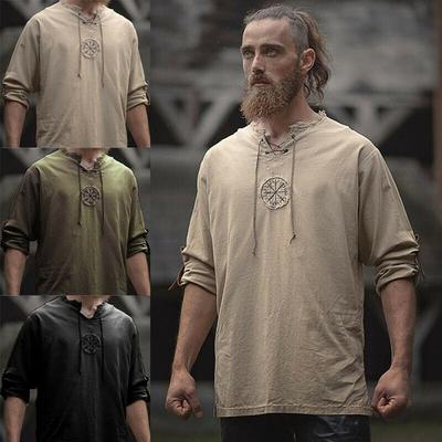 Medieval Men's Old-fashioned Tops Vintage Linen Shirt Ancient Viking Embroidery Retro Cosplay Costume Plus Size Long Sleeve T-shirt