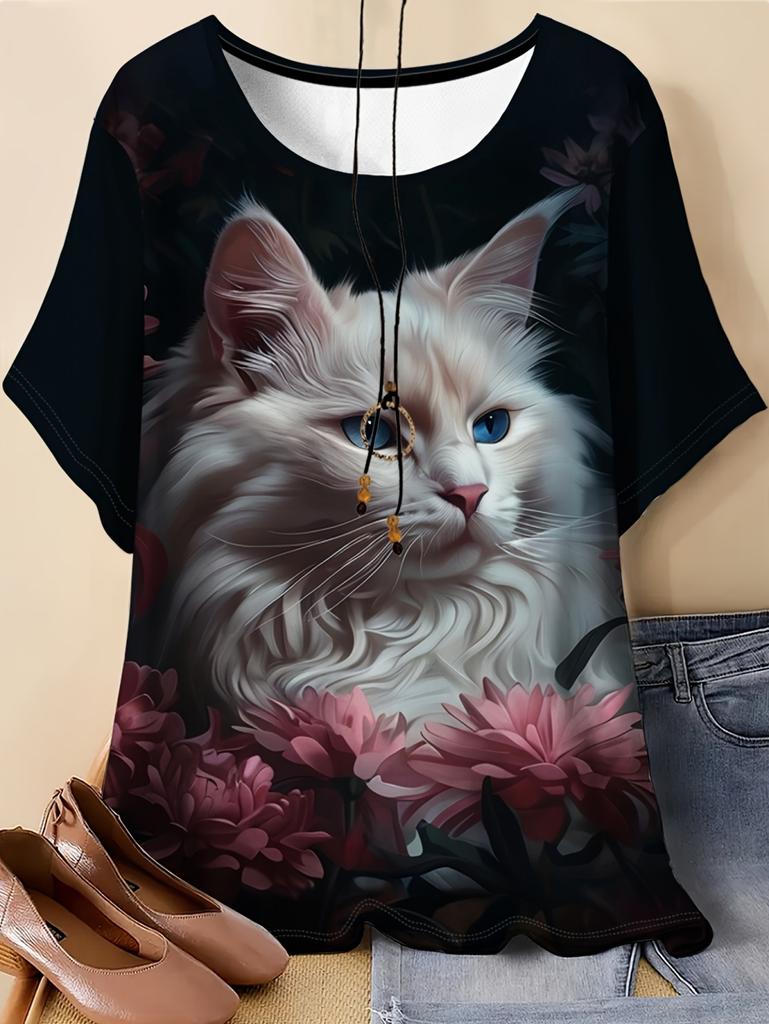 Summer Women 3D Printed Cat T-Shirt Cute Graphics Short Sleeves Tops Casual Fashion Tees O-Neck T-Shirts Oversize Woman Clothes