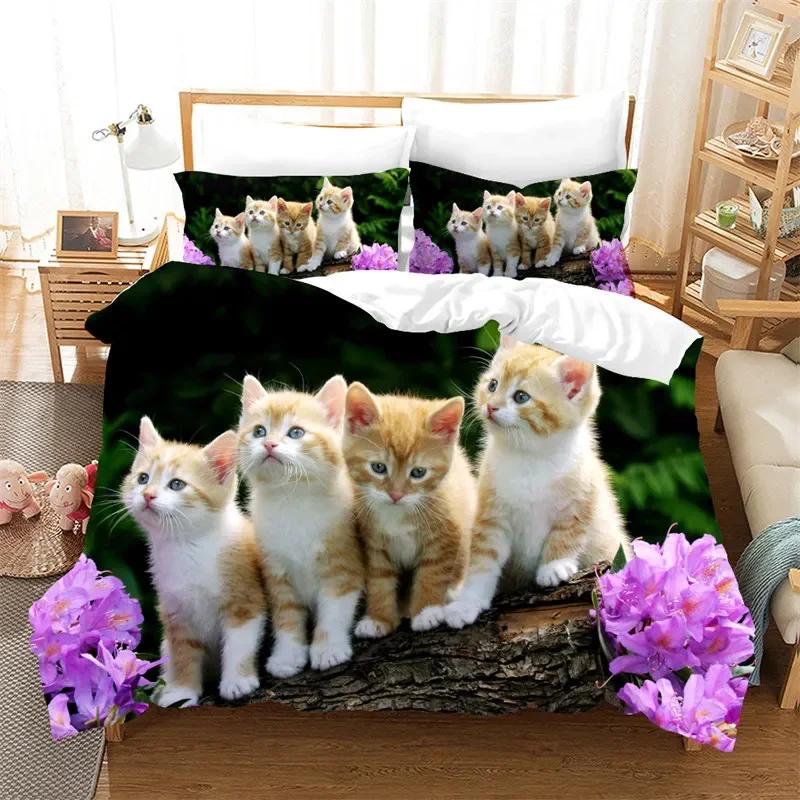 3D Cute Cat Print Bedding Set Lovely Animal Duvet Cover Set Pet Bedroom Decor Cozy Home Textile Twin Full Size For Kid Teen Girl