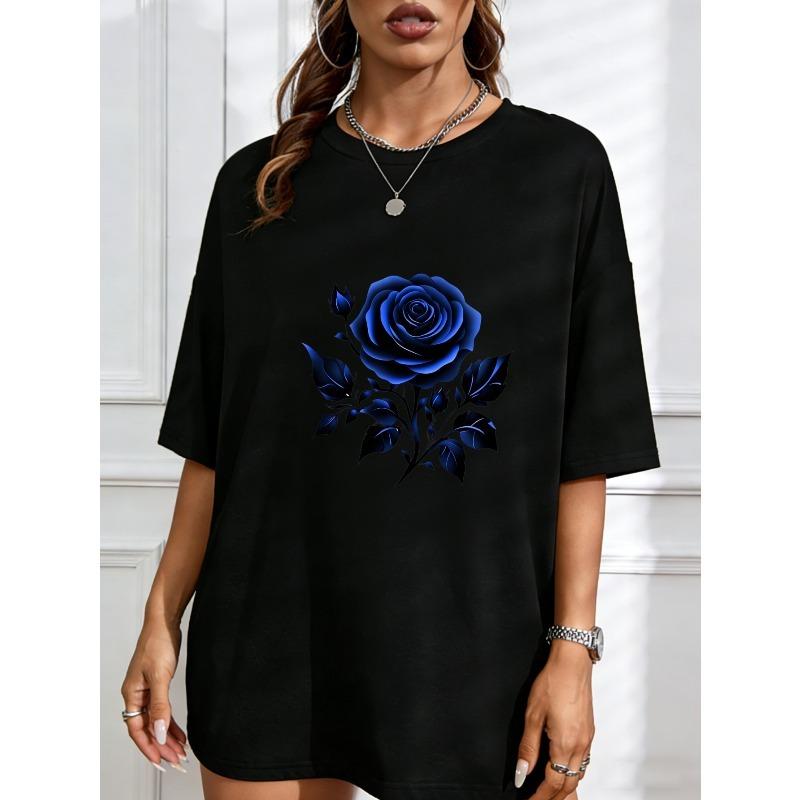 White Crew Neck T Shirt With Blue Rose Print For Casual Wear