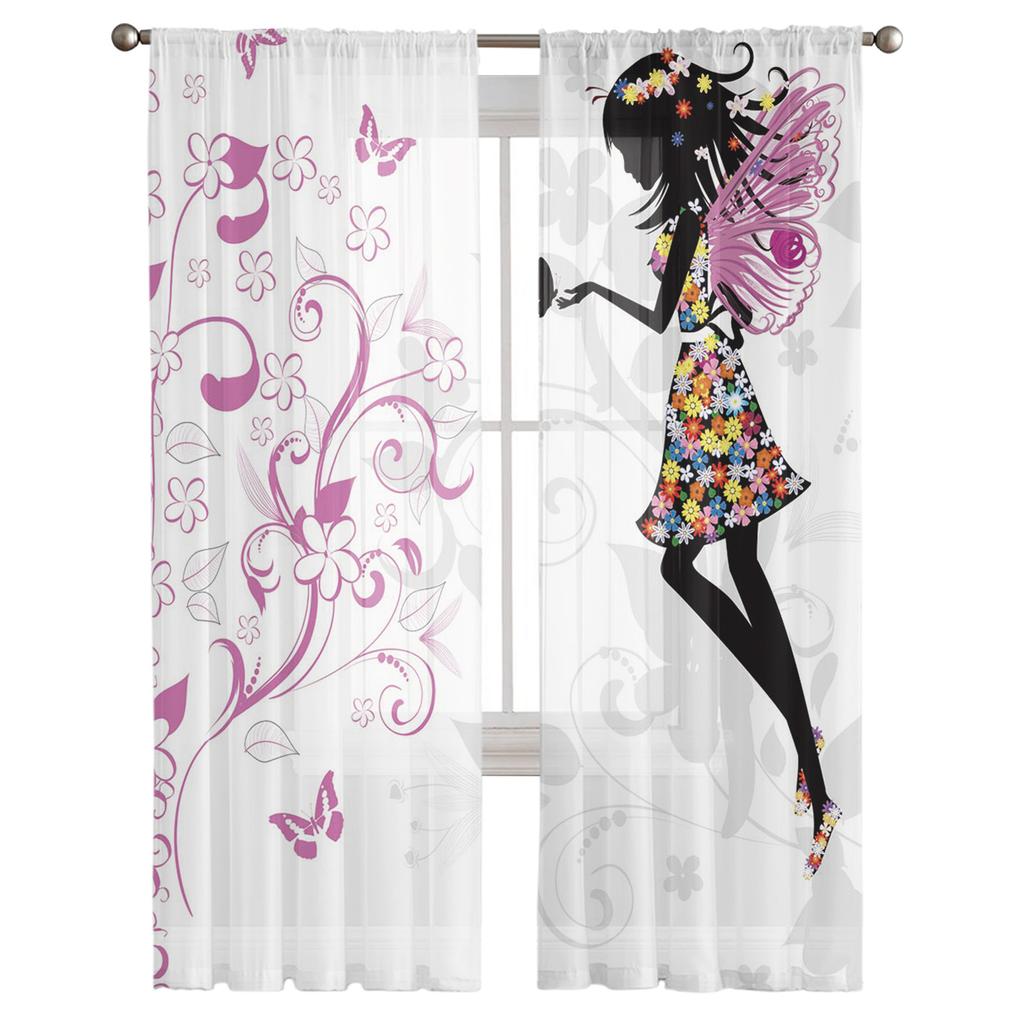 Forest Fairy Flower Butterfly Girl Tulle Curtains For Living Room Bedroom Decor Chiffon Sheer Voile Kitchen Window Curtain