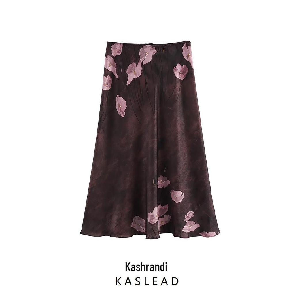 2024 Autumn Women's Silk Satin European American Style Printed Skirt