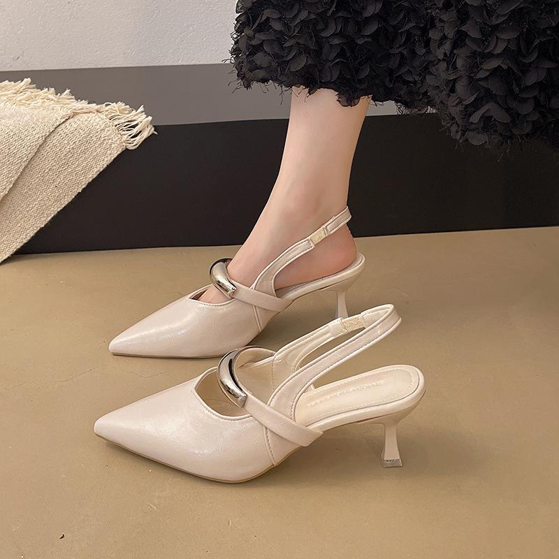 

Temperament Shallow mouth thin heel one word new French bag head sandals high heels strap metal fashionable 2025 pointed back empty 41