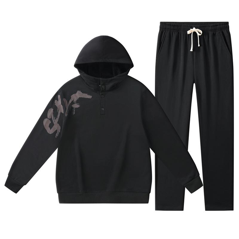 European Men's Two-piece Hooded Sweatshirt, Long Pants with Plush Insulation, Loose Casual Sports Suit