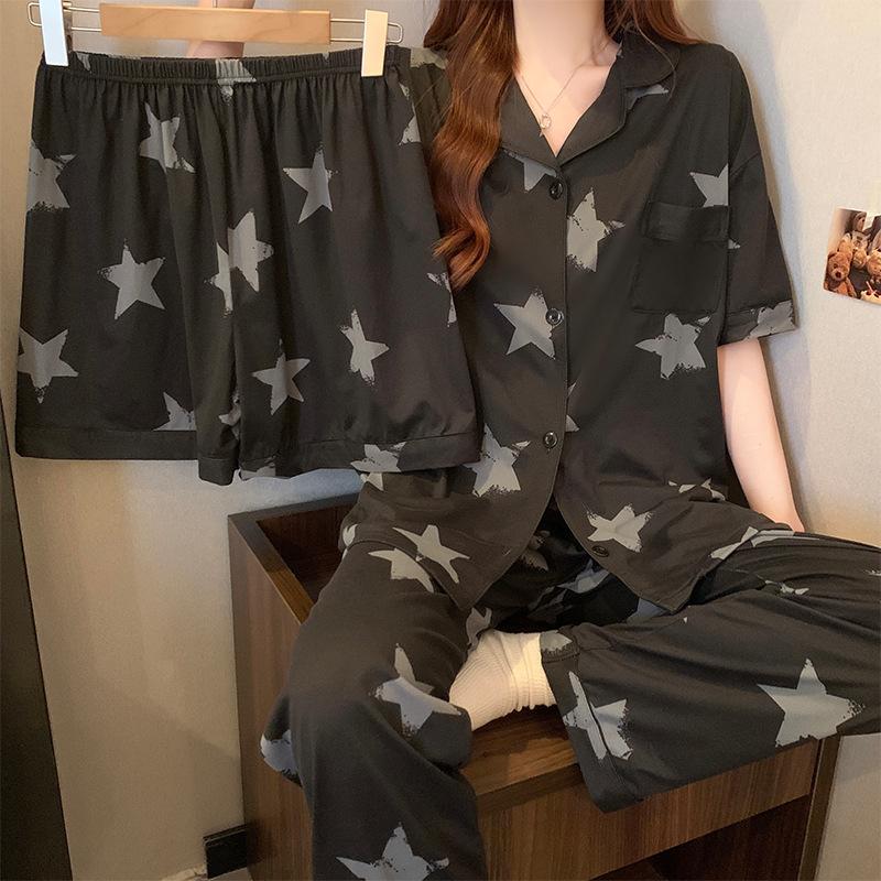 Spring and summer black high-end star imitation cotton pajamas women's short-sleeved three-piece set, small lapel thin loungewear