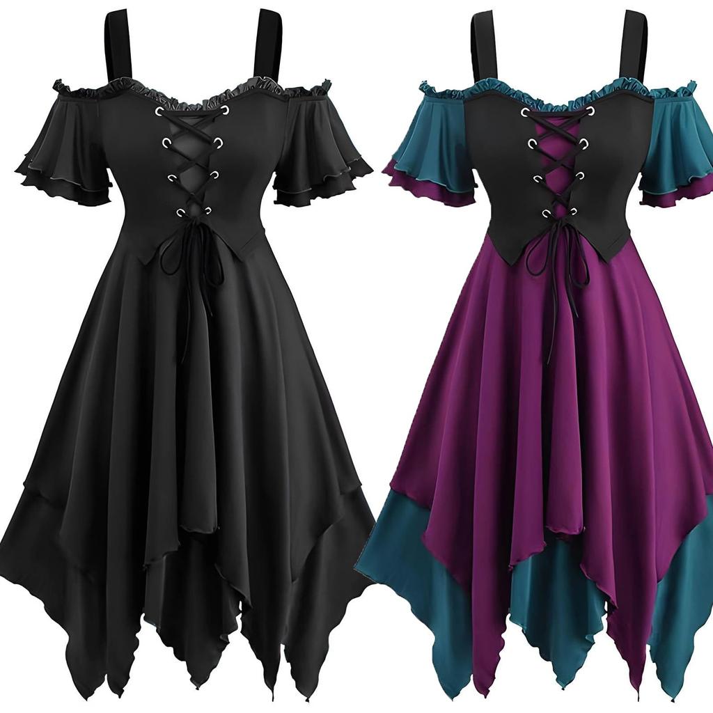 Women’s  Cool Solid Gothic  Lace Insert Butterfly Sleeve Dress