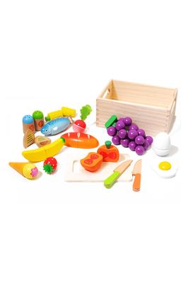 RiZKiZ Wooden Pretend Kitchen Set with 16 Assorted Fruits, Vegetables, and Food Items, Magnetic Design, Includes Cutting Board, Knife, and Wooden Box,