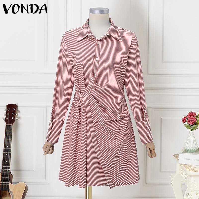 

VONDA Элегантное женское платье-рубашка с лацканами, длинными рукавами, полосатым принтом и закруткой в стиле кэжуал 5XL красный