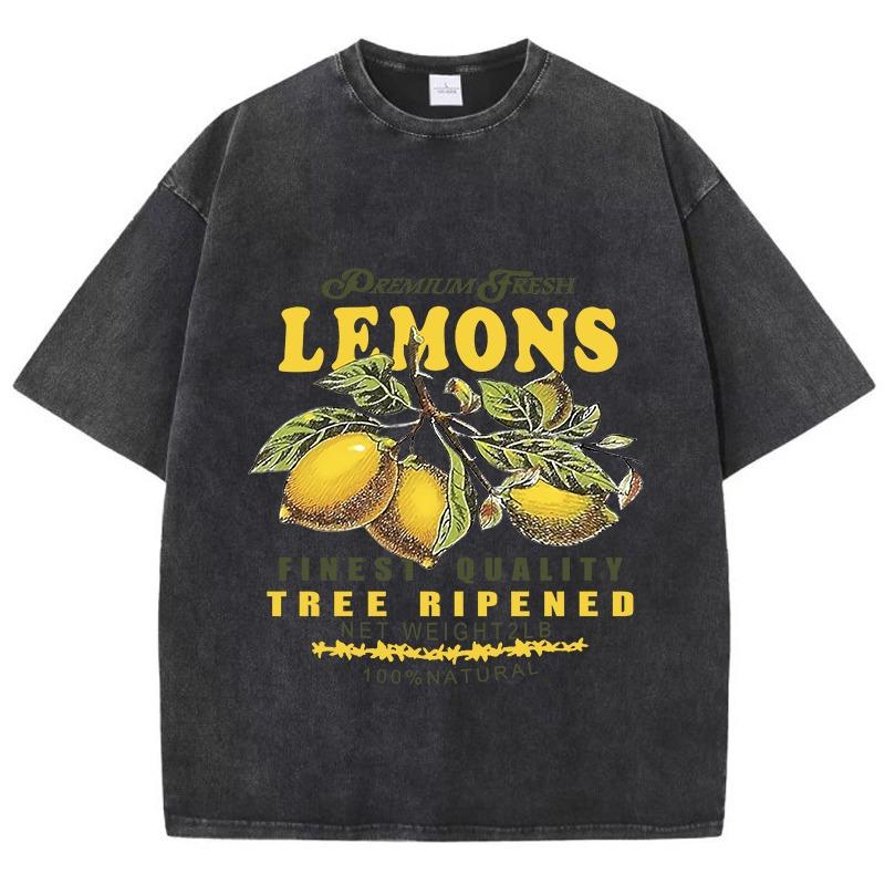 Summer Fresh Lemons Prints Washed T-Shirts Womens Cotton Oversized O-Neck Tops Street Vintage Short Sleeve Casual Woman Clothes