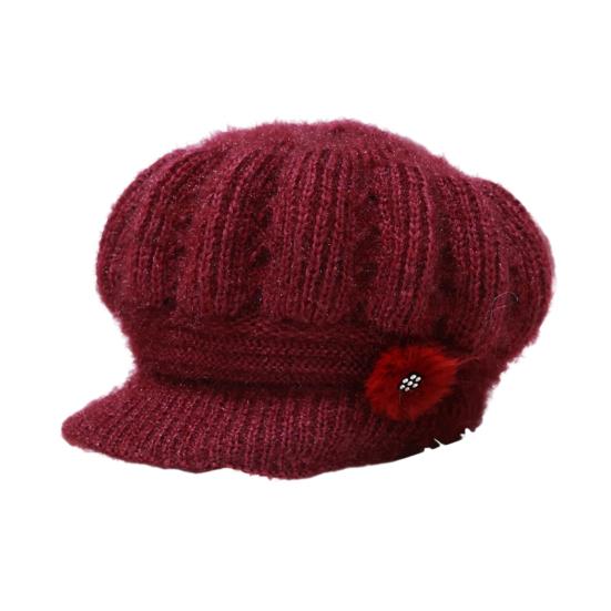 Women Knitting Hat Extended Brim Thickened Plush Winter Hat Solid Color Flower Decor Warm Hat Fashion Accessories