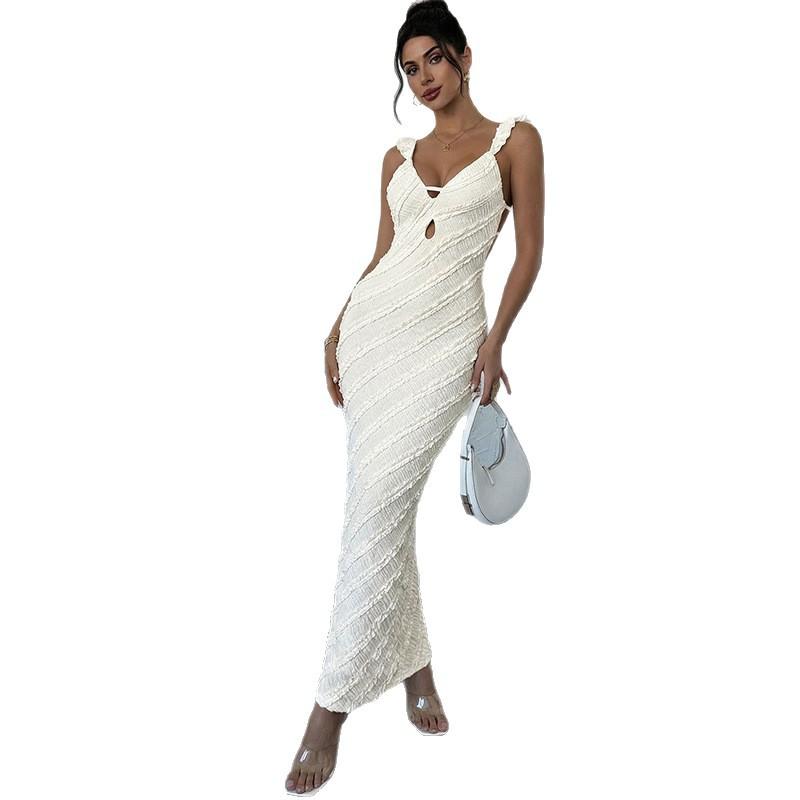 New V-neck Suspender Hollow Fishtail Skirt European and American Halter Cross Lace-up Sexy White Dress
