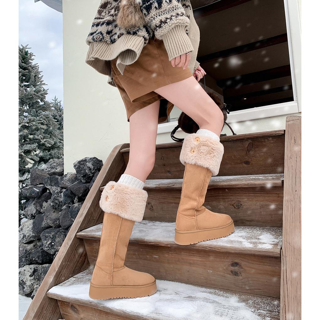 Gray Knee-length Snow Boots for Women, Winter Two Wear Fluffy Plush Thermal Cotton Shoes, Platform Boots