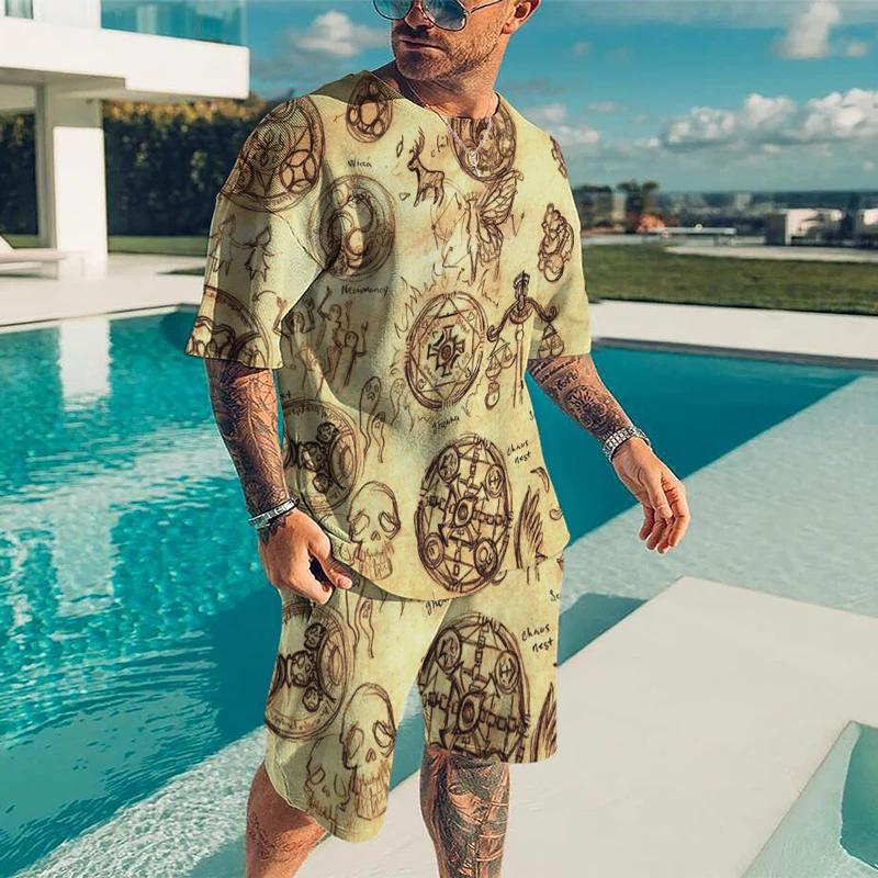 Summer Men 3D Printed Compass Casual Luxury T-Shirt Shorts Set Tracksuit Male 2 Pieces Fashion Outfit Man Clothing Jogging Suit