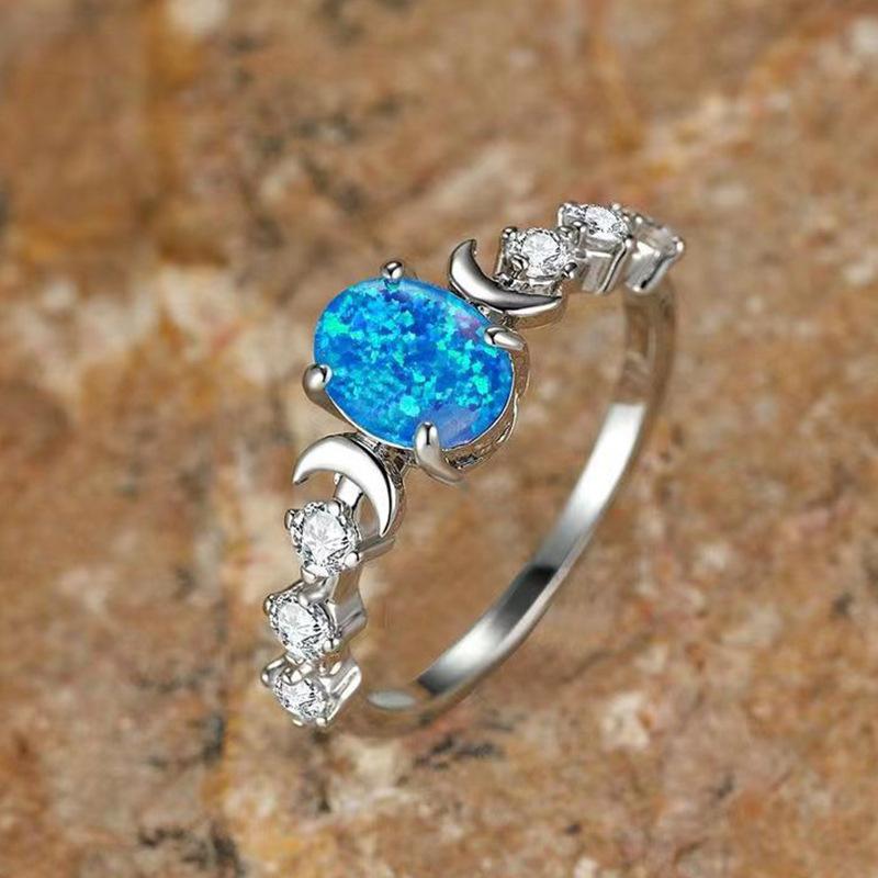 

new oval white Opal moon ring retro light luxury four-claw celebrity style jewelry No. 10