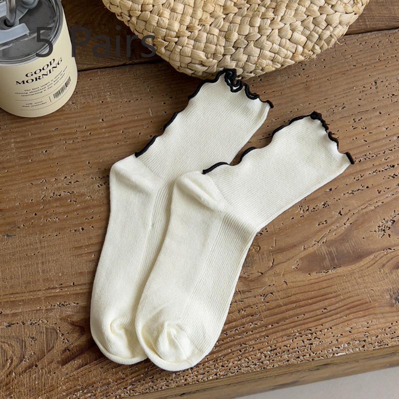 

5 Pairs of Female Spring and Autumn Pure Color Lace 100 Matching Tube Wooden Ear Edge Pile Socks 5 Pairs слоновая кость
