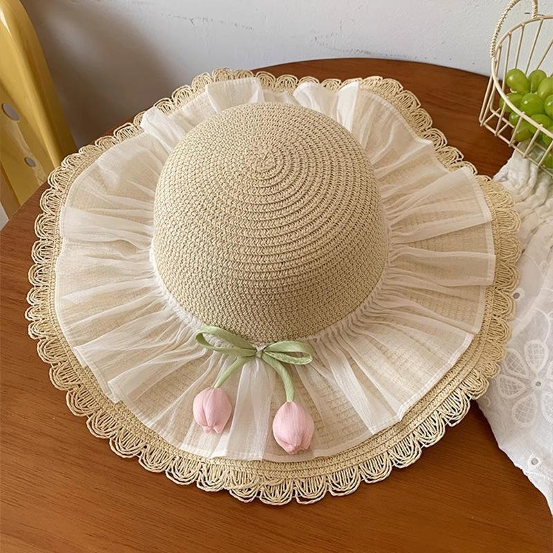 

Летняя соломенная шляпа с кружевной отделкой «Тюльпан» Женская шляпа для пляжного отдыха, защита от ветра и солнца, шляпа с широкими полями от солнца