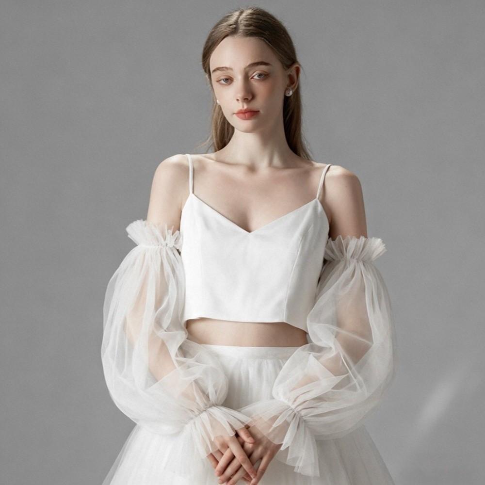 Trouwjurk Bruid Bruiloftshandschoenen Effen Kleur Bruidsmouwen Mode Afneembare Tule Bruiloft