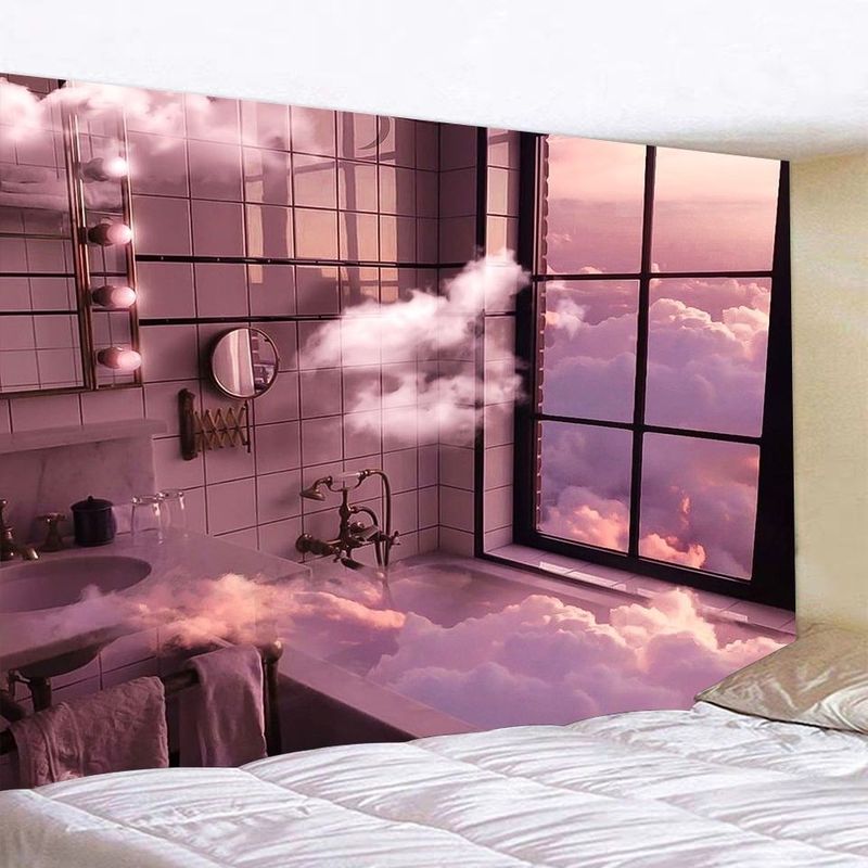 Dreamy Pink Clouds Moon Window Landscape Tapestry Wall Hanging for Bedroom Living Room Decor Starry Sky Clouds Healing