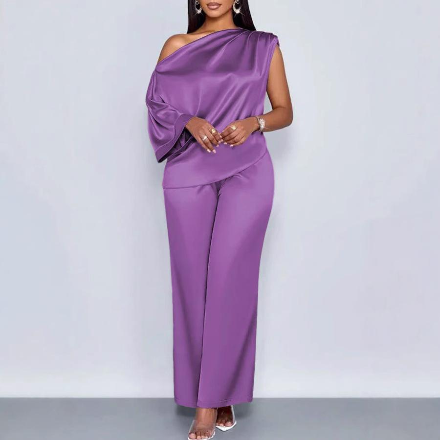 Damen One-Shoulder Drapierter Ärmelloser Uni-Farben Satiniert Weiter Bein Hosenanzug Set