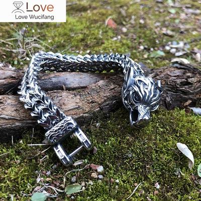Titanyum Çelik Moda Takı Vikingler Erkek Bilekliği Baskın Retro Aksesuarlar Kalın Zincir Paslanmaz Çelik Kurt Bileklik