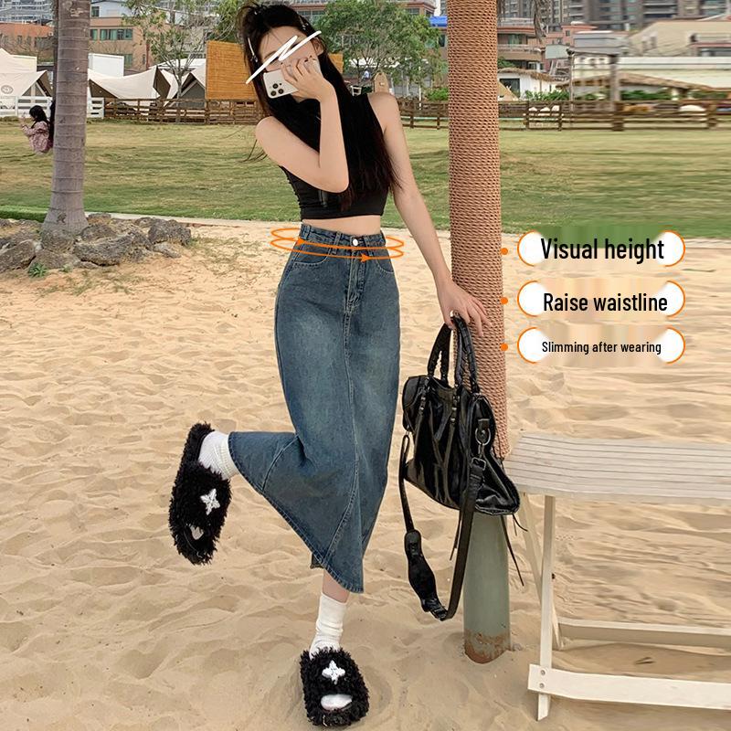 High-Waisted Slit Denim A-Line Skirt - Spring/Autumn Retro Long Skirt