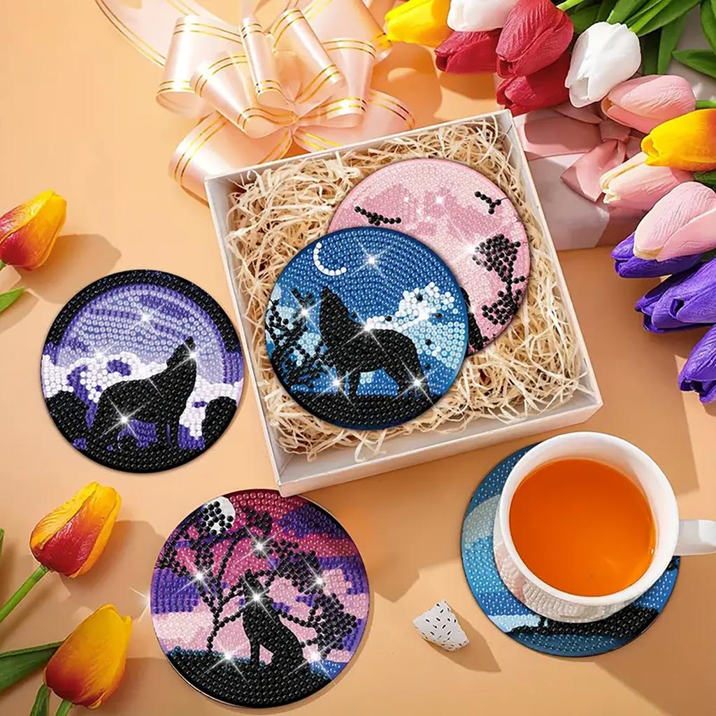 8 Pieces/set of Animal Wolf Pattern Painted Coasters Set with Holder DIY Coasters for Beginners and Adults, Art and Craft Supplies Gifts