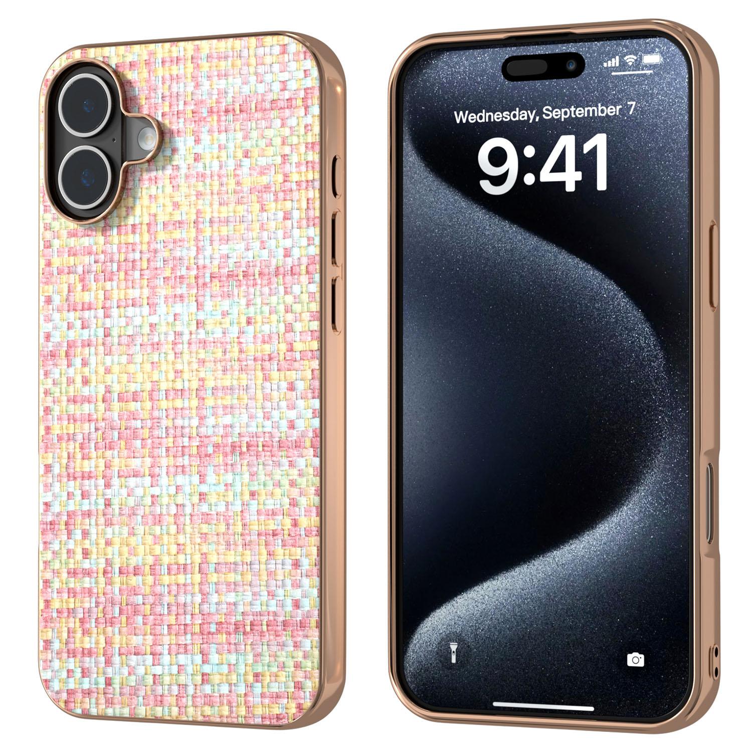 

For iPhone 16 Plus Case Electroplating Edge Plaid Texture PU Leather+PC+TPU Phone Cover F