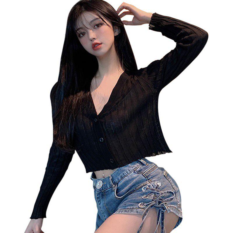 t-Shirt Summer Korean Version Of The Solid Color v-Neck Short Female Tshirt Slim Wild Knit Long-Sleeved Sun Crop Top