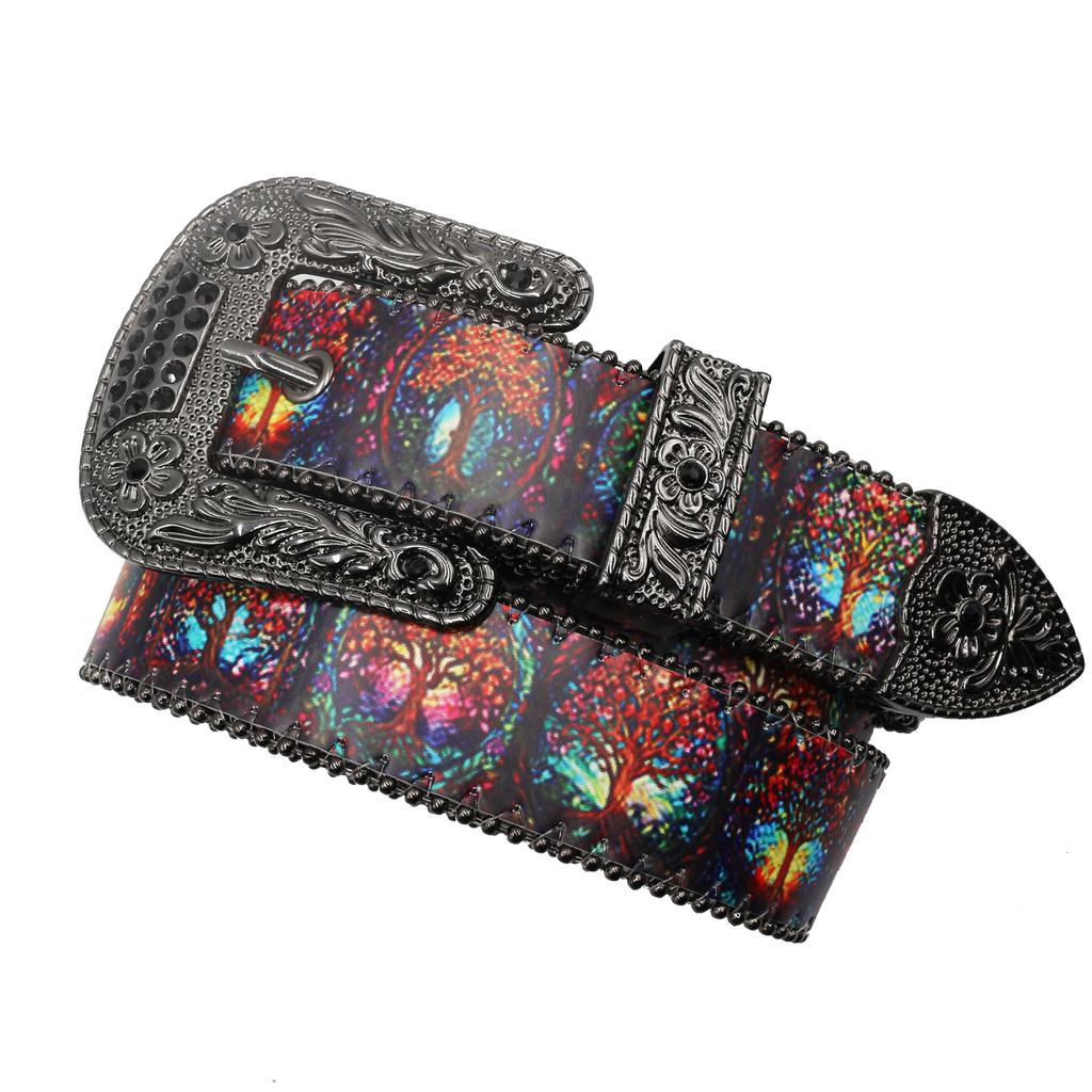 European And American Gothic Rhinestone Printing Belt, Hip Hop Punk Style Pu Leather Belt