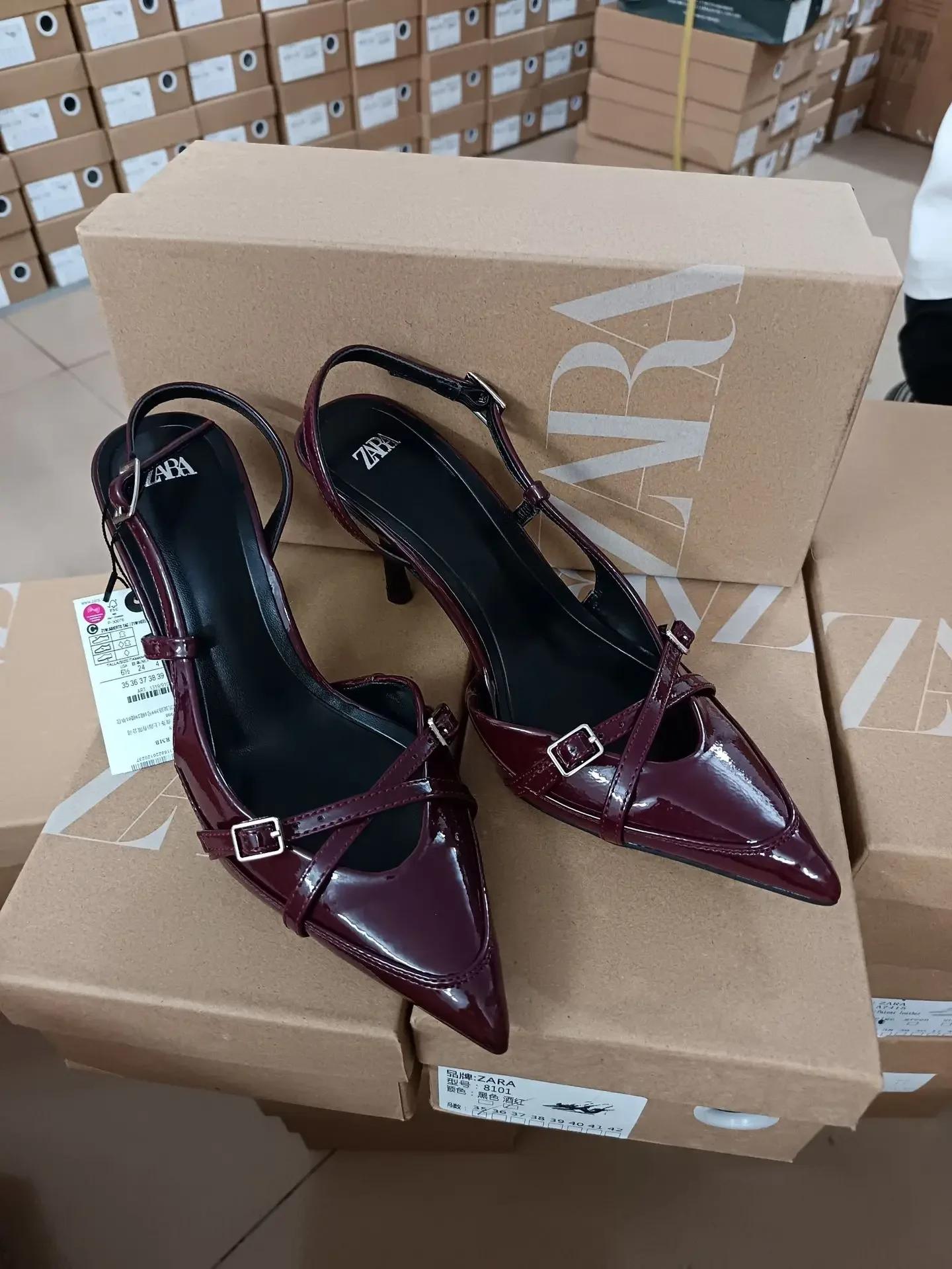 

Модные новые изысканные женские босоножки на высоком каблуке, простые модные универсальные босоножки на тонком каблуке с заостренным носком, классные тапочки ZA 36 вино красного