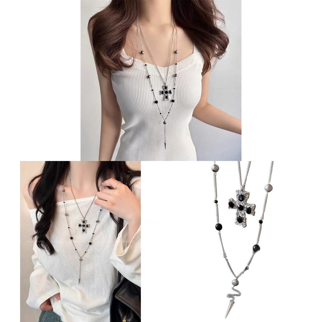 Kawaii Y2k Gothic Cross Layered Necklace With Titanium Steel Chain For Women And Men