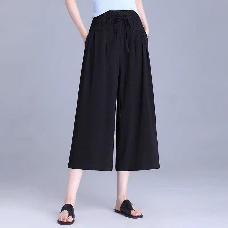 2025 Summer High-Waist Ice Silk Cropped Wide-Leg Pants - Korean Style, Casual, Loose, Lightweight Women's Skirt Pants