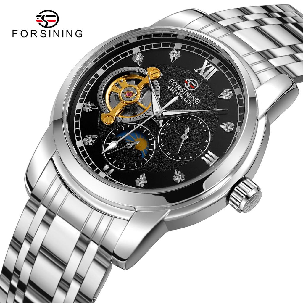 Forsining Men'S Tourbillon Automatic Mechanical Watch Hand Luminous Moon Phase Steel Belt Watch