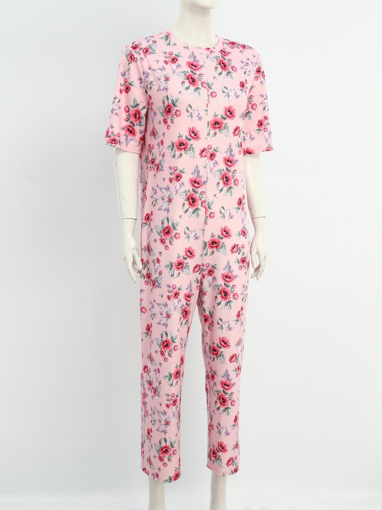 S-3XL Womens Elderly Nursing Floral Print Jumpsuit Short Sleeve Back Zipper Lounging-style Anti-strip Adaptive Rompers for Alzheimer Special Needs