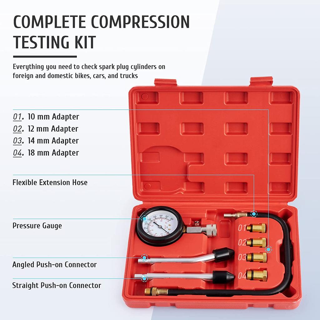 0-300PSI Engine Compression Tester Kit Engine Compression Tester, 8PCS Engine Cylinder Pressure Gauge for Petrol Gas Engine
