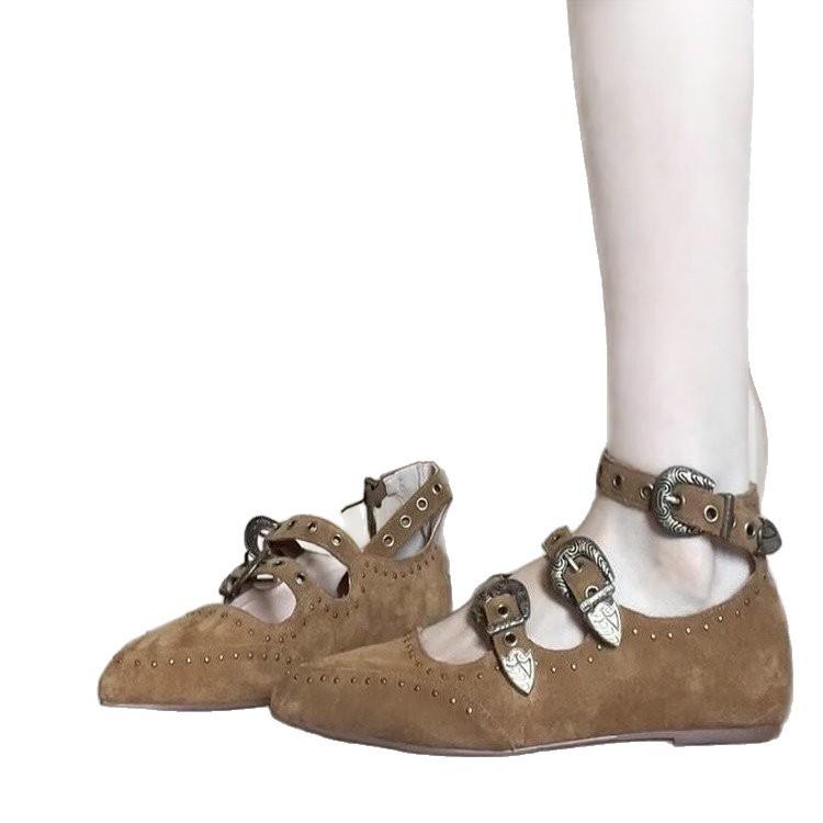 Sheepskin~ inner height increase fashion rivet pointed belt buckle Mary Jane shoes women's 2025 new retro versatile single shoes