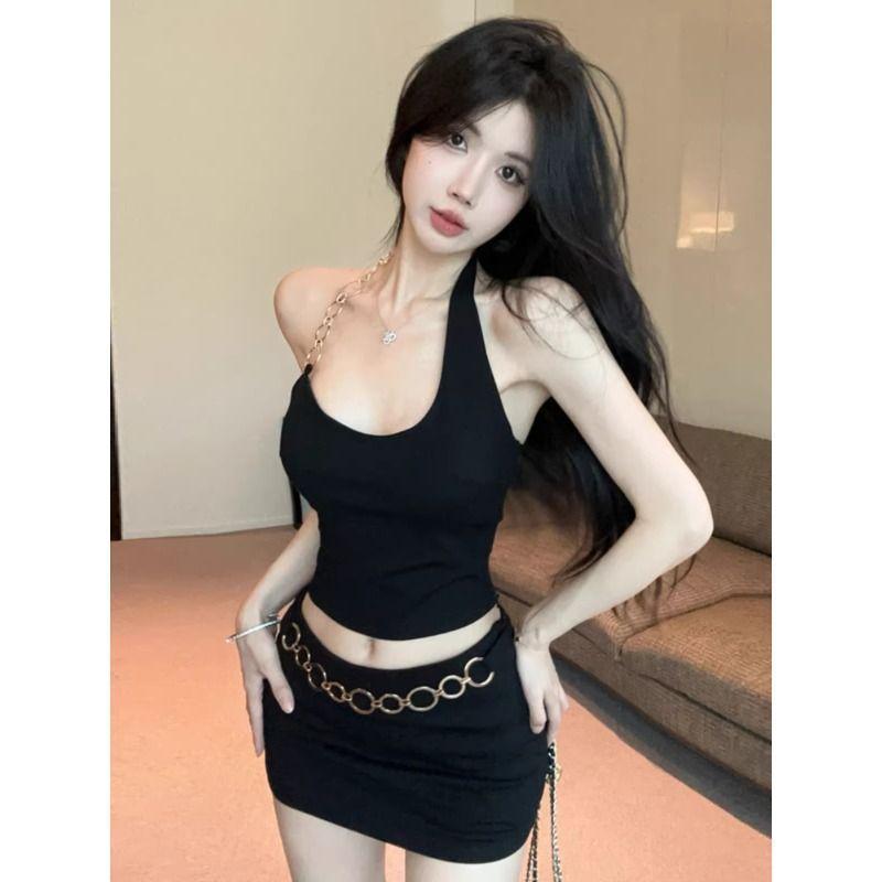 American Spice Girl style neck metal ring heart machine backless slim short vest slim hip skirt set