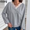 Women's Fashion Casual Solid Color Print Spring Autumn Long Sleeve Lace V-Neck Pullovers & Long Sleeves