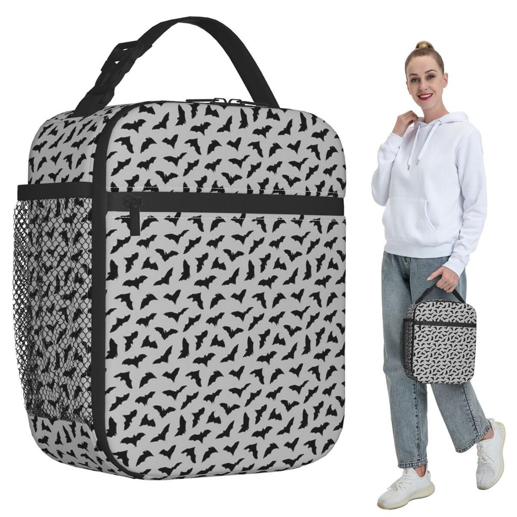 Elegante Bolsa de Almuerzo Aislada con Patrón de Murciélago Blanco y Negro para Niños, Nevera Escolar, Contenedor Térmico para Comida, Bolsa de Tote, Fiambreras Portátiles