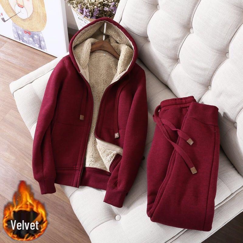 

Женский повседневный спортивный костюм: Куртка с капюшоном на молнии однотонная с плюшевым подкладом, корейский стиль, большого размера, для осени и зимы. L recommended for 100-115 lbs