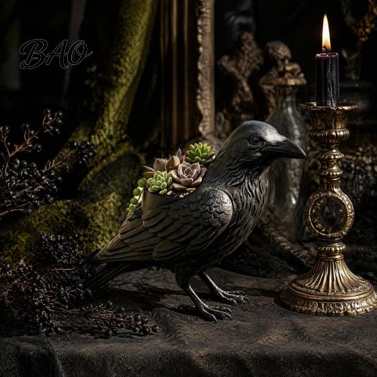 Weather Resistant Planter Crow Succulent Pot, Gothic Raven Plants Holder, Black Bird Pot for Home Decor, Desktop Landscaping Accessory Decorative