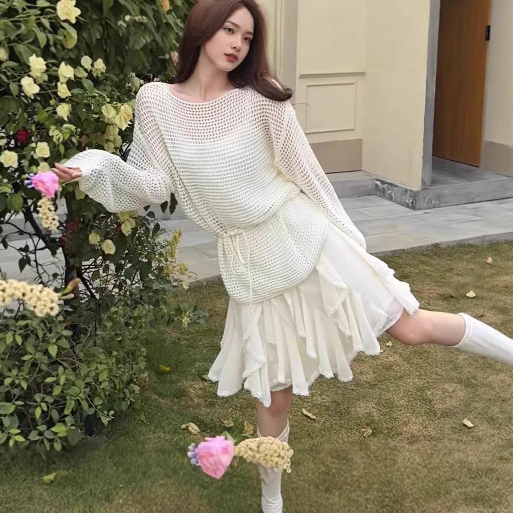 One-word Shoulder Hollow Long-sleeved Knitted Sweater Women's Early Spring Loose Outer Cover Sunscreen Blouse Slanted Shoulder Top Hollow Sunscreen