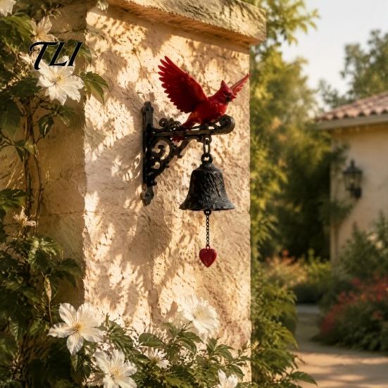 Vintage Style Resin Bell Red Bird Wall Mounted Doorbell, Garden Hanging Bell, Outdoor Artistic Door Chime for Living Room Weatherproof Ornament