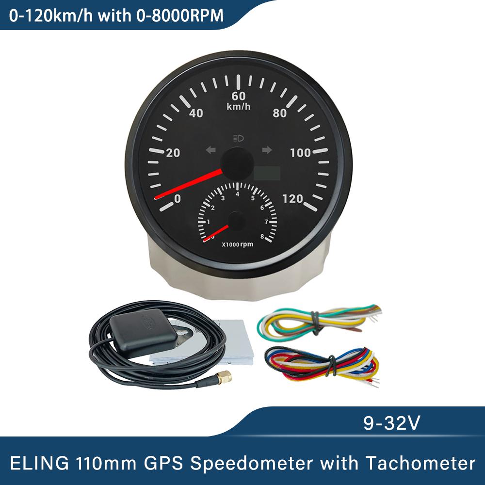 ELING Car 110mm GPS Speedometer 0-120K 0-200K 0-120M 0-160M with 8000RPM Tachometer with Red Backlight for Yacht Trucks 12V 24V
