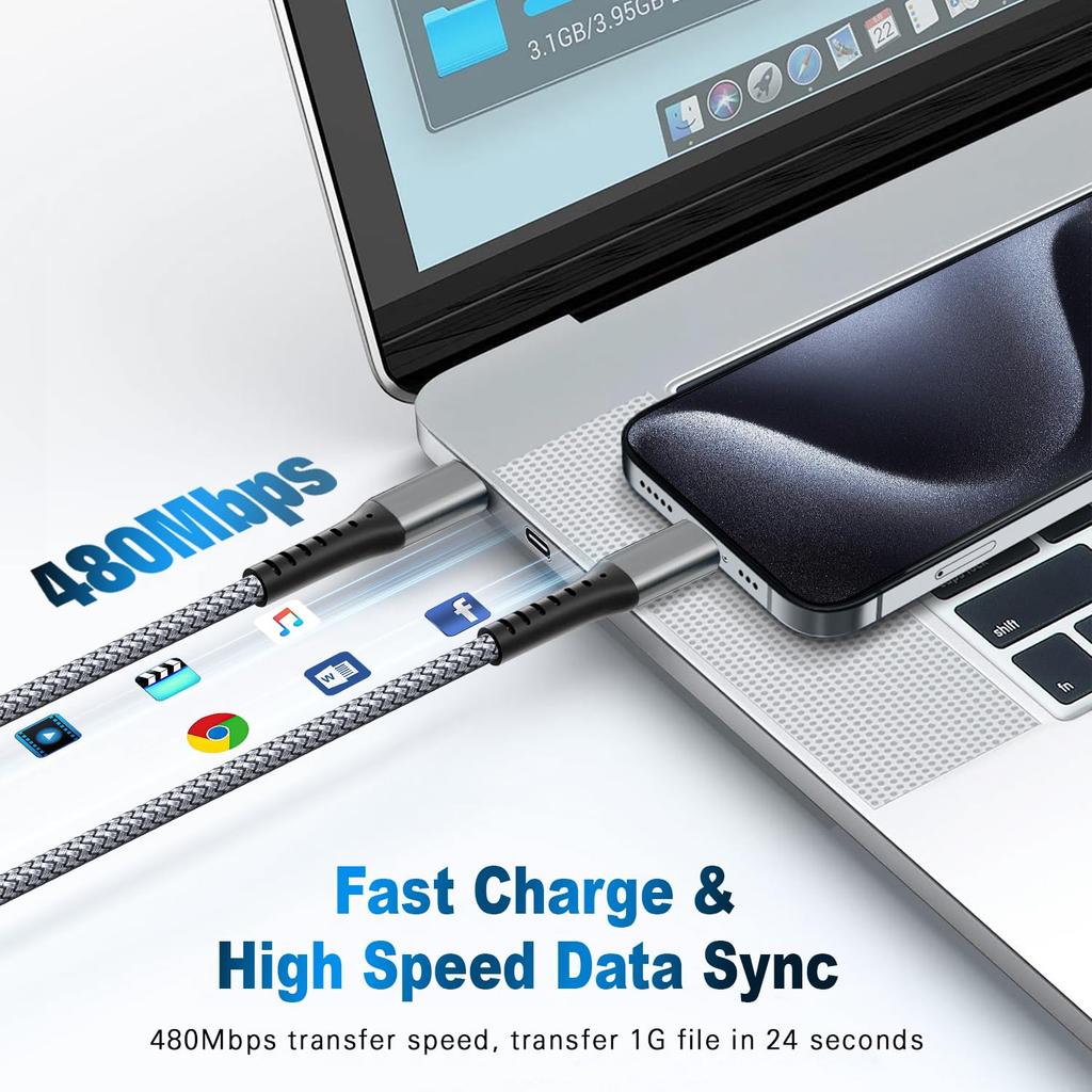 DFLASHS 3-Pack 3FT 60W Type C to Type C Nylon Braided USB C Fast Charging Cable for S23 Ultra/A14/S23/A54, iPhone 16/Pro Max, iPhone 15/Pro Max,